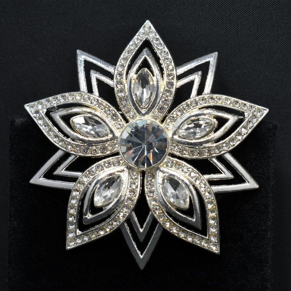 Vintage Flower Star Rhinestone Brooch, Clear Rhinestones, 1990s